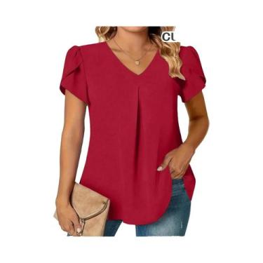 Imagem de Camisa Casual Feminina De Manga Longa Em Tecido Liso Com Decote Em V T