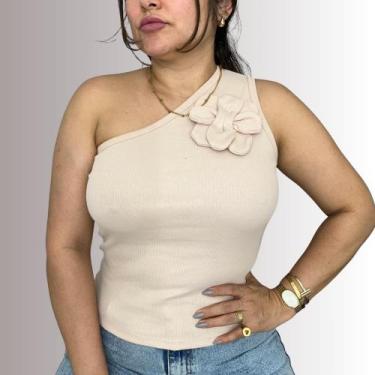 Imagem de Blusa Feminina Básica Ombro Só Detalhe Flor Mula Manca Moda Primavera 