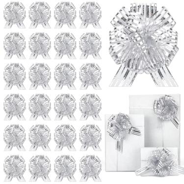 Imagem de OULOVECO 24 peças de laço de prata para presente de embrulho de presente de organza de Natal, cestas de casamento, flores de dia dos namorados, caixas de presente (prata-A, 15 cm)