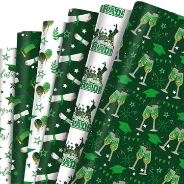 Imagem de Conjunto de papel de embrulho de presente de graduação em ouro branco verde com 6 designs exclusivos e 6 folhas com fita de cetim verde de 22 m de comprimento para diploma de formatura suprimentos