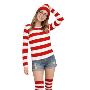 Imagem de GOLDSTITCH Conjunto de fantasia feminina listrada vermelha e branca para adultos, fantasia de Halloween, óculos e chapéu