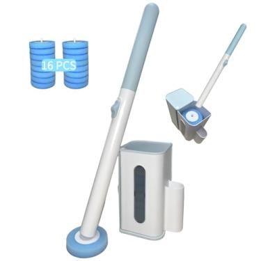 Imagem de Escova de vaso sanitário descartável com 16 refis de limpador de varinha, conjunto de suporte de vaso sanitário montado na parede, kit iniciante de sistema de limpeza de banheiro, sistema de limpeza
