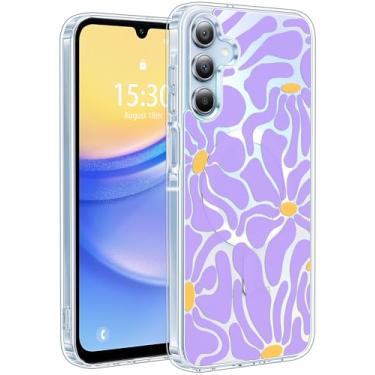 Imagem de Jkvare Capa para Samsung Galaxy A15 compatível com MagSafe, capa protetora magnética sem fio com padrão estético cristalino para mulheres e meninas - flores roxas