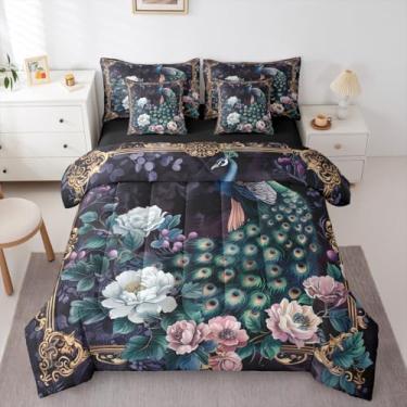 Imagem de Erosebridal Jogo de cama solteiro de pavão verde com 7 peças, floral, pavão, flores, flores, exótico, boêmio, azul cobalto e edredom