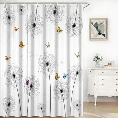 Imagem de TTQYFNM Cortina de chuveiro dente-de-leão flores silvestres rústicas coloridas borboletas campo fazenda grão de madeira banheiro banheira decoração de casa lavável tecido impermeável cortinas de