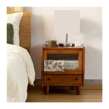 Imagem de Mesa de cabeceira moderna vintage para quarto armário de armazenamento minimalista para casa pequena mesa de cabeceira armário de armazenamento de madeira com porta de vidro móveis de cabeceira