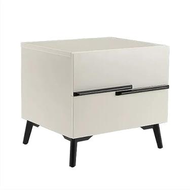 Imagem de Mesa de cabeceira simples moderna com alça escalonada para quarto, gaveta dupla de grande capacidade, móveis de cabeceira, armário de armazenamento de cor sólida, prático (branco)