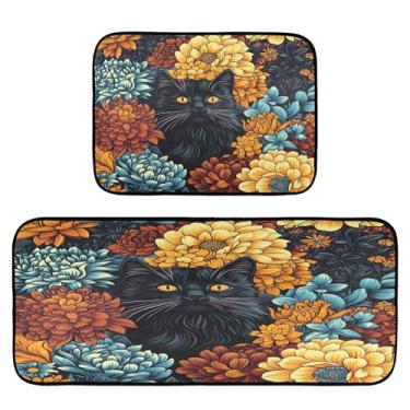 Imagem de xigua Conjunto de 2 peças de tapetes e tapetes de cozinha de gato preto absorvente macio para chão tapete de cozinha antiderrapante conjunto de capacho de cozinha, 50 x 120 cm + 50 x 70 cm