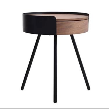 Imagem de Mesa lateral redonda moderna de 43 cm com gaveta, mesa de canto de madeira com pernas de metal para sala de estar, mesa lateral de cabeceira, mesa de centro simples