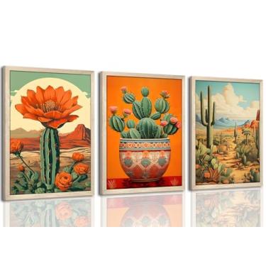 Imagem de Conjunto de 3 arte de parede de cacto mexicano emoldurado em madeira, impressões em tela botânicas vintage do deserto, imagens de pintura floral boho do sudoeste, decoração de parede rústica para sala