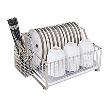 Imagem de Escorredor de louça grande de aço inoxidável 304 com bandeja coletora multifunções escorredor de pratos para cozinha (17 × 33 × 44 cm)