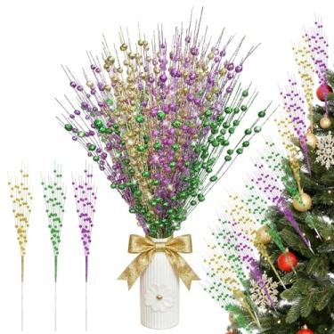 Imagem de 12 peças de decorações de palitos de carnaval – Palhetas artificiais com glitter roxo verde e dourado para mesas, enfeite de festa