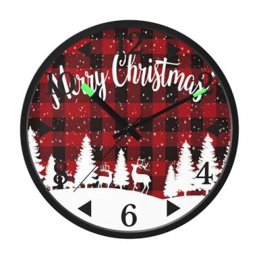 Imagem de STAYTOP Relógio de parede LED com padrão de grade de búfalo vermelho e preto floco de neve para quarto com brilho noturno, relógios de parede com iluminação silenciosa de 30 cm para decoração de sala