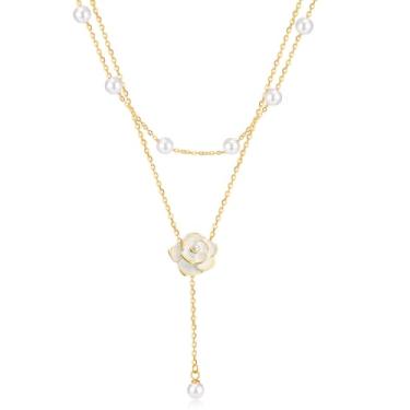 Imagem de Elegante colar feminino com pingente de flor de pérola em camadas, planta, camélia, gargantilha floral, corrente de borla, colar de joias para presentes, layered, Metal, Sem Pedra Preciosa