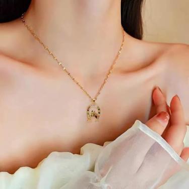 Imagem de Colar com pingente de ferradura de cristal para mulheres, banhado a ouro, moderno, zircônia cúbica, pingentes de animais, corrente ajustável, joias delicadas de festa de aniversário, 45,7 cm, Medium