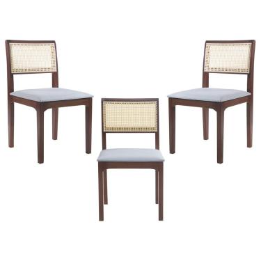 Imagem de Kit 03 Cadeiras Sala de Jantar Madeira Maciça Nivea Tela Rattan Sextavano Linho Cinza/Amêndoa G55 - Gran Belo