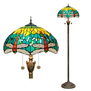 Imagem de Blivuself Luminária de chão Tiffany Candeeiro de vitral para sala de estar quarto escritório canto rústico em pé alto vintage luz infantil corrente de puxar verde estilo libélula iluminação