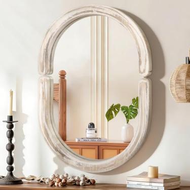Imagem de Lzuso Espelho de parede oval, espelho montado com moldura de madeira, espelhos decorativos modernos para quarto, sala de estar e entrada, espelhos decorativos de 45 x 66 cm