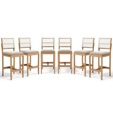 Imagem de Kit Com 6 Banquetas Milena Madeira Maciça Assento Estofado Encosto De Tela Sintética Veludo Bege 102