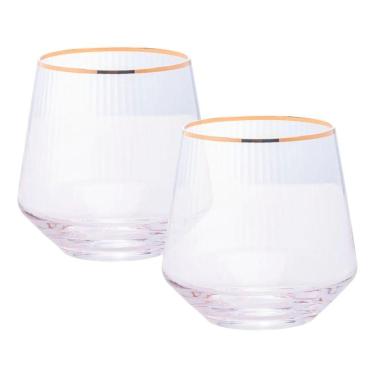 Imagem de Jogo 2 Copos De Whisky Baixo Drinks Vidro Lines Fio De Ouro Borda Dourada 330ml Wolff
