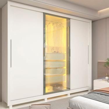 Imagem de Guarda-roupa Casal 3 Portas 1 Porta Reflecta com Led com Pés 100% Mdf Royale Branco