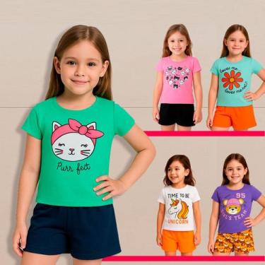Imagem de Kit 4 peças Roupa Menina conjunto Infantil Camiseta Bermuda Tamanho:12