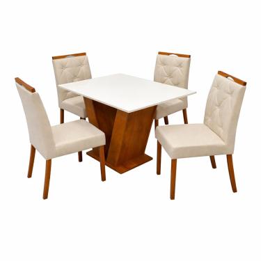 Imagem de Mesa de Jantar Classic 120x80cm com Vidro e 4 Cadeiras Jasmim em Veludo Estofadas Cel Móveis Cor Cinamomo Off White com Tecido Bege