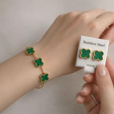 Imagem de Pulseira e Par de Brincos Trevos em Aço Inoxidavel Resistente a Agua D