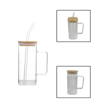 Imagem de Caneca Quadrada Borossilicato Tampa Bambu Canudo Vidro 380Ml - Allmix