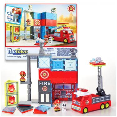 Imagem de Playset Magnético Estação de Bombeiros e Caminhão de Bombeiros com Luzes e Sons, Tile Town