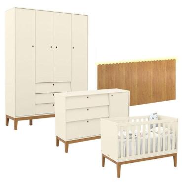 Imagem de Quarto De Bebê Unique 4 Portas Com Cômoda Sapateira E Painel Farm Com Led Off White Eco...