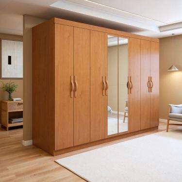 Imagem de Guarda-roupa Casal 8 Portas 6 Gavetas com Espelho Mdf Serenata Amêndoa Clean