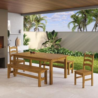 Imagem de Conjunto Mesa 180cm 2 Cadeiras e 2 Bancos Área Gourmet Madeira Maciça Ventimiglia Nogueira