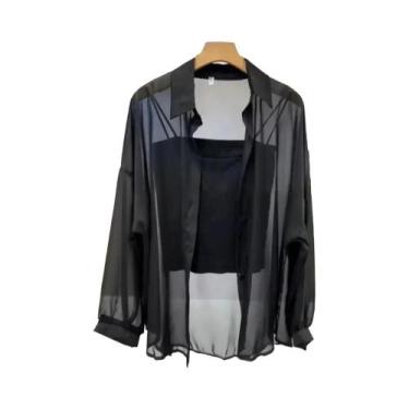 Imagem de Blusas De Chiffon Transparente De Manga Longa Com Botões, Tamanhos Gra