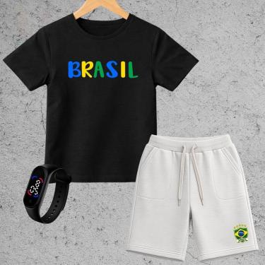 Imagem de Conjunto Infantil Brasil Camiseta e Short Moletinho Menino Roupa Copa Estilo Esportivo Confortável-Masculino