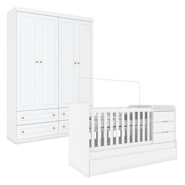 Imagem de Berço Multifuncional Cleo e Guarda Roupa Infantil 4 Portas Americano Branco Fosco - Car...