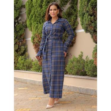 Imagem de Vestido Longo Xadrez Feminino Alfaiataria com Botões e Faixa na Cintur