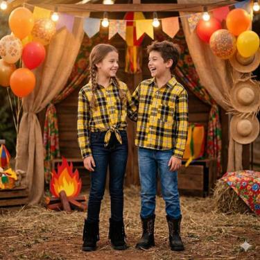 Imagem de Camisa Flanelada Xadrez Amarela Rian Masculina Confortável para Festa 