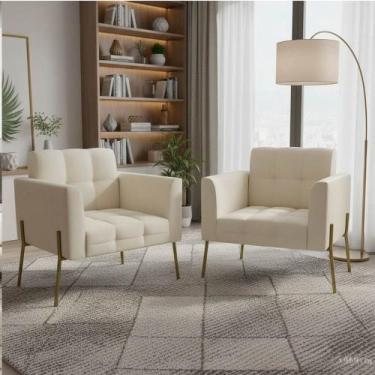 Imagem de Poltrona Sala Decorativa Kit 2 Elisa Pé Aço Lateral Dourado Cotelê Ext