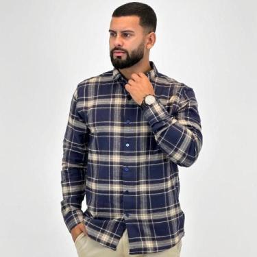 Imagem de Camisa Sibra Flanela Xadrez Manga Longa Masculina, 3, Marinho, Caramel