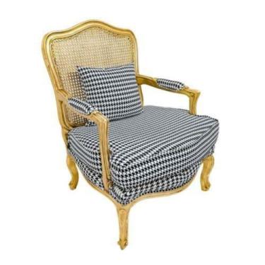 Imagem de Poltrona Luiz XV Tecido Pied Poule Encosto Palhinha Madeira - LUXdécor