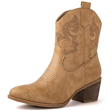 Imagem de GLOBALWIN Botas de caubói femininas – Botas clássicas de bico redondo com palmilha confortável – Botas de vaqueira bordadas, botas versáteis de salto bloco de 5 cm para shows e uso diário, 19yy16
