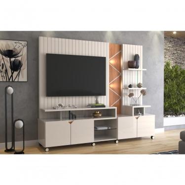 Imagem de Home Painel para TV 55 Home Cross Frisado 210cm MDP com Vidro e LED Off White Perolizado e Jequitiba Lukaliam Móveis