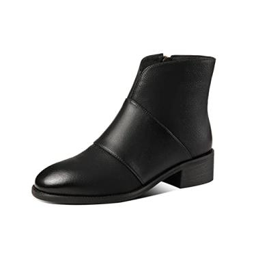 Imagem de TinaCus Bota feminina feita à mão em couro legítimo salto bloco bico redondo com zíper lateral, Preto, 36
