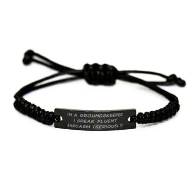 Imagem de SpreadPassion I'm a Groundskeeper. I Speak Fluent Groundskeeper Bracelete de corda preta, presentes brilhantes para o Groundskeeper, pulseira gravada para colegas de trabalho