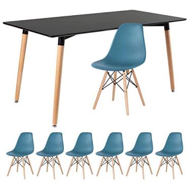 Imagem de Loft7, Kit - Mesa de jantar retangular Eames 80 x 160 cm preto + 6 cadeiras Eiffel Dsw Turquesa