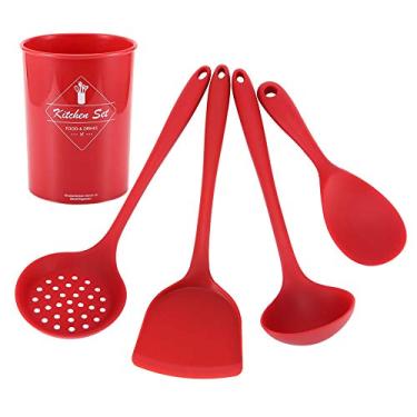 Imagem de Conjunto de utensílios de cozinha de silicone vermelho, 5 peças, colher de arroz, espátula de arroz, conjunto de cozinha com balde de armazenamento