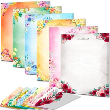 Imagem de Anzon Mories Conjunto de 72 peças de papel de escrita e envelope fofo (2 lados coloridos, 1 lado forrado) 48 folhas, 24 envelopes e decoração floral com letras de flores (polegadas, 14 x 18 cm)