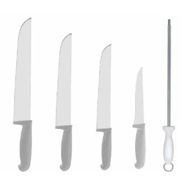 Imagem de Kit Faca Açougueiro Churrasco Cozinha 6 8 10 12 e Chaira 12 Cabo Branco com 5UN