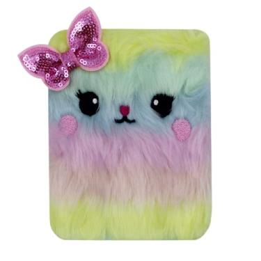 Imagem de Mini caderno de bolso de pelúcia de gato fofo com laço de lantejoulas, bloco de anotações para escrever difuso para crianças, meninas, diário pessoal, bloco de notas com papel pautado